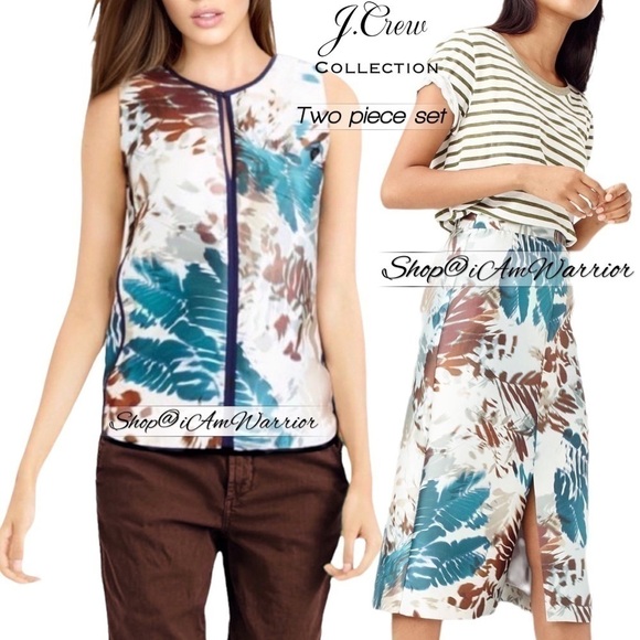 J.Crew Collection rare 2pc silk blend abstract foliage print top+midi skirt - Picture 2 of 16